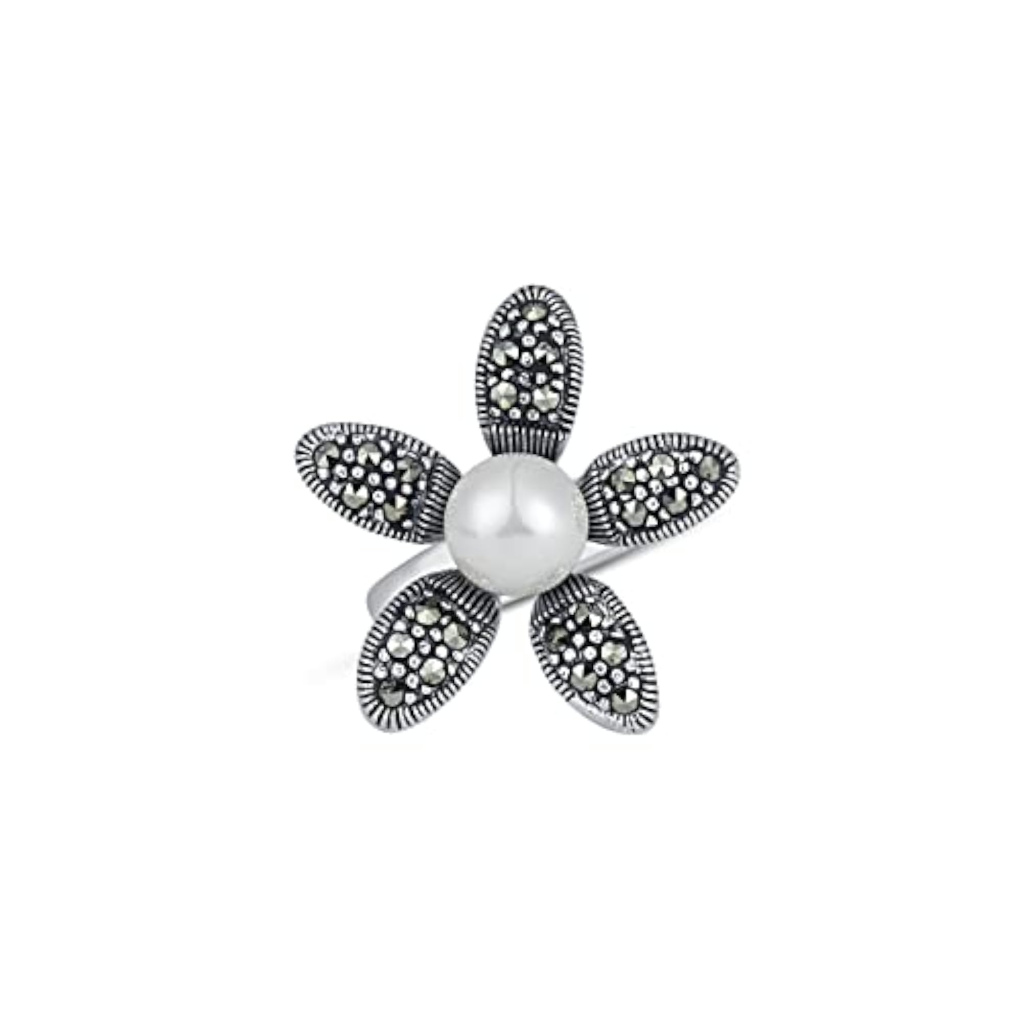 Women's Oxidised Silver Pearly Flower Adjustable Ring